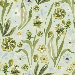 Hand-Drawn Watercolor Peaceful Meadow, Gentle White, Grey and Green Florals on Light Pistachio , M