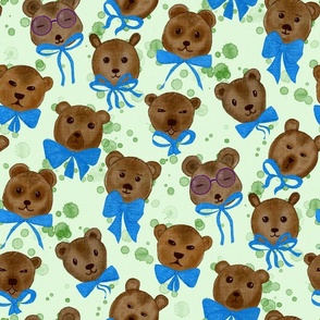 Big Baby Bears with Blue Bow Ties, light green background