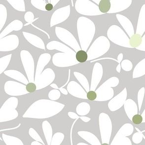 White Green Flowers on Light Grey 10.5in x 10.5in