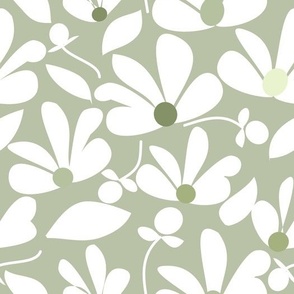 White Green Flowers on Sage Green 10.5in x 10.5in