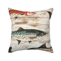 Nautical Trout and Salmon on White Boards, Lakehouse Rustic Appeal, Angler's Cabin Barnwood Wallpaper, Distressed and Weathered Look Peeling Off White 
Paint