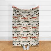 Nautical Trout and Salmon on White Boards, Lakehouse Rustic Appeal, Angler's Cabin Barnwood Wallpaper, Distressed and Weathered Look Peeling Off White 
Paint
