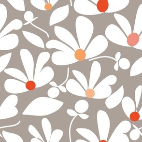 White Orange  Flowers on Taupe 10.5in x 10.5in