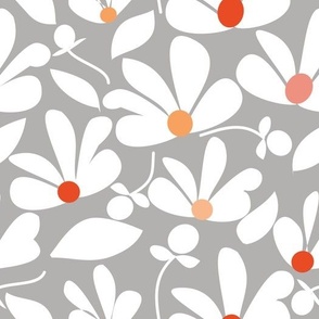 White Orange Flowers on Dark Cool Grey 10.5in x 10.5in