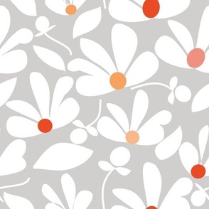 White Orange Flowers on Light Cool Grey 10.5in x 10.5in