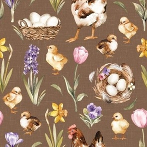 Small Scale / Easter Chick Hen Egg Spring Flower / Terra Linen Textured Background