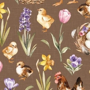 Meduim Scale / Easter Chick Hen Egg Spring Flower / Terra Linen Textured Background