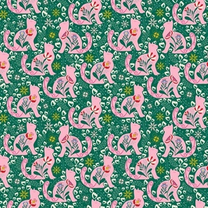 9in Green and pink playful cats with Folk  flowers