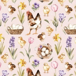 Tiny Scale / Easter Chick Hen Egg Spring Flower / Light Pink Linen Textured Background