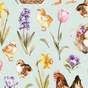 Meduim Scale / Easter Chick Hen Egg Spring Flower / Mint Linen Textured Background