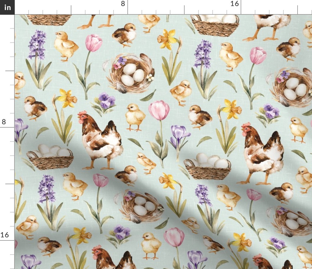 Meduim Scale / Easter Chick Hen Egg Spring Flower / Mint Linen Textured Background