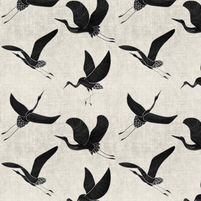 (M) Cranes in Flight //Black and Silver on Ivory