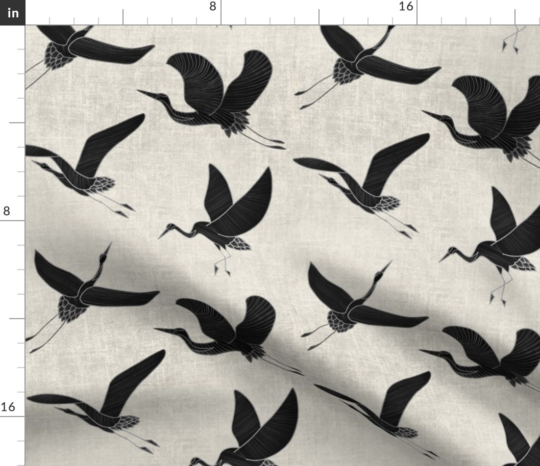 (M) Cranes in Flight //Black and Silver on Ivory