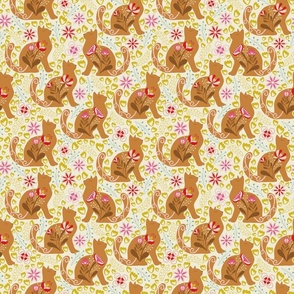 9in Yellow and ochre playful cats with Folk  flowers