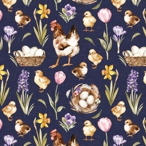 Tiny Scale / Easter Chick Hen Egg Spring Flower / Navy Linen Textured Background