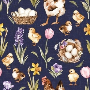 Small Scale / Easter Chick Hen Egg Spring Flower / Navy Linen Textured Background