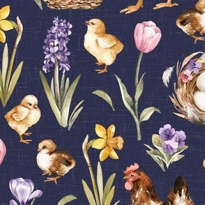 Meduim Scale / Easter Chick Hen Egg Spring Flower / Navy Linen Textured Background