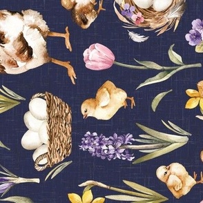 Medium Scale / Easter Chick Hen Egg Spring Flower / Navy Linen Textured Background / Rotated