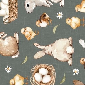 Medium Scale / Easter Rabbit Chick Egg Spring Flower / Sage Linen Textured Background / Rotated