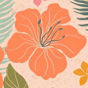 Tropika Shine Hibiscus - Coral Blush Pink - Jumbo 24 Inch Wallpaper