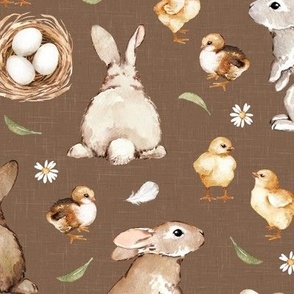 Medium Scale / Easter Rabbit Chick Egg Spring Flower / Terra Linen Textured Background
