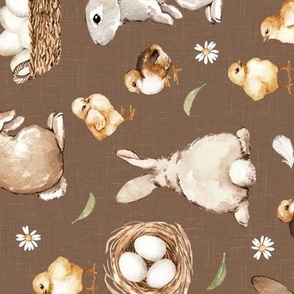 Medium Scale / Easter Rabbit Chick Egg Spring Flower / Terra Linen Textured Background / Rotated