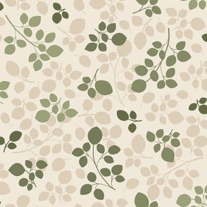 Warm Minimalistic Tossed Style Leaves Branches in shades of green, ivory and beige ( medium scale ) 