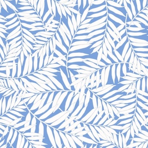 White Palm Leaves on Cool Summery Blue Background.