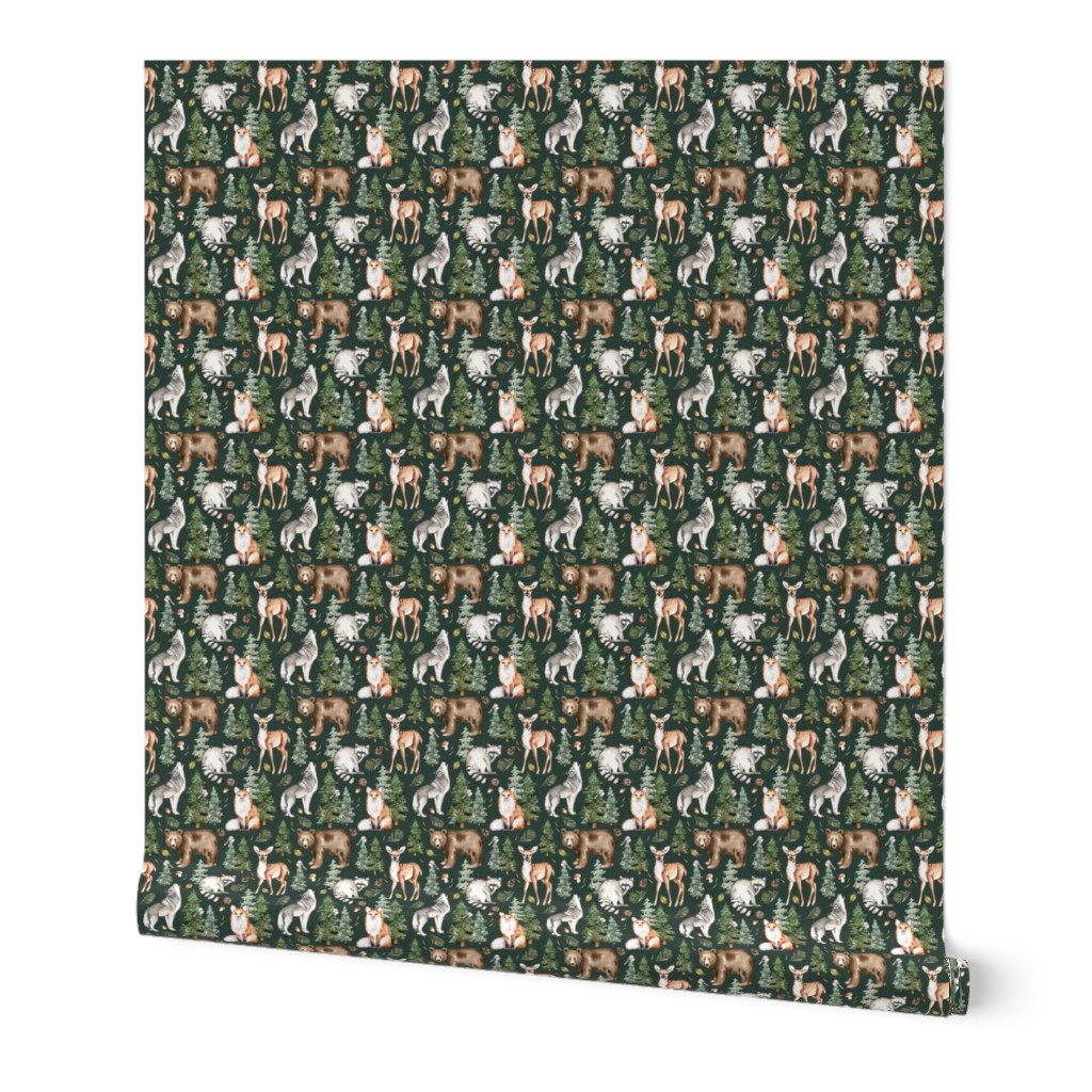 Small Scale / Cute Woodland Critters Pine Tree Forest / Forest Green Linen Textured Background