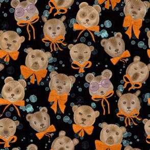 Big Baby Bears with Orange Bow Ties, deep brown background
