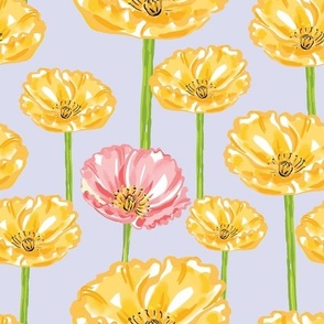 Yellow and Pink Anemones on Duck Egg Blue 10.50in x 10.50in