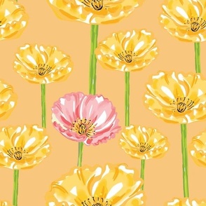 Yellow and Pink Anemones on Apricot 10.50in x 10.50in