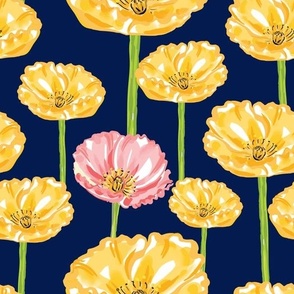 Yellow and Pink Anemones on Navy 10.50in x 10.50in