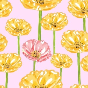 Yellow and Pink Anemones on Pink 10.50in x 10.50in