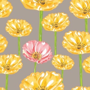 Yellow and Pink Anemones on Taupe 10.50in x 10.50in