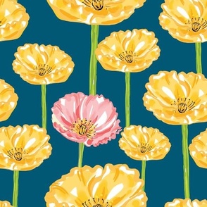Yellow and Pink Anemones on Teal 10.50in x 10.50in