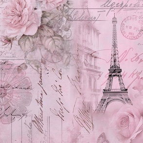 French Romance Vintage Paris Ephemera, Flowers And Script Pastel Pink