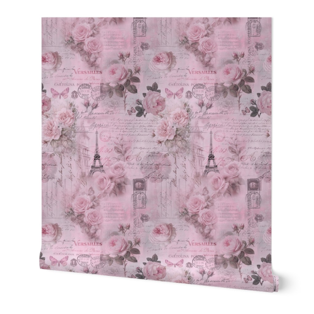 French Romance Vintage Paris Ephemera, Flowers And Script Pastel Pink Smaller Scale