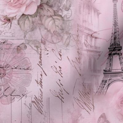 French Romance Vintage Paris Ephemera, Flowers And Script Pastel Pink Smaller Scale