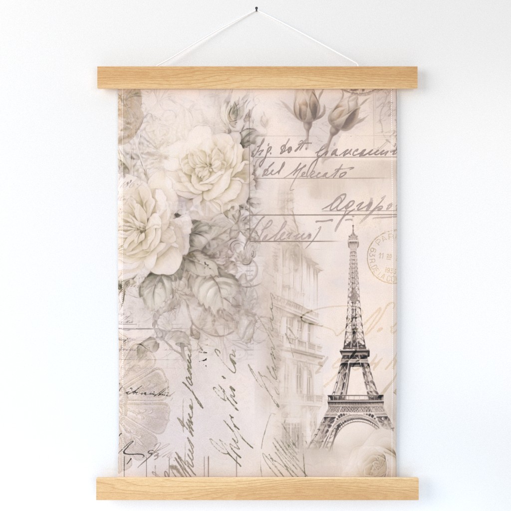 French Romance Vintage Paris Ephemera, Flowers And Script Ivory Beige