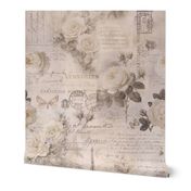 French Romance Vintage Paris Ephemera, Flowers And Script Ivory Beige