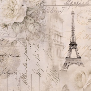 French Romance Vintage Paris Ephemera, Flowers And Script Ivory Beige