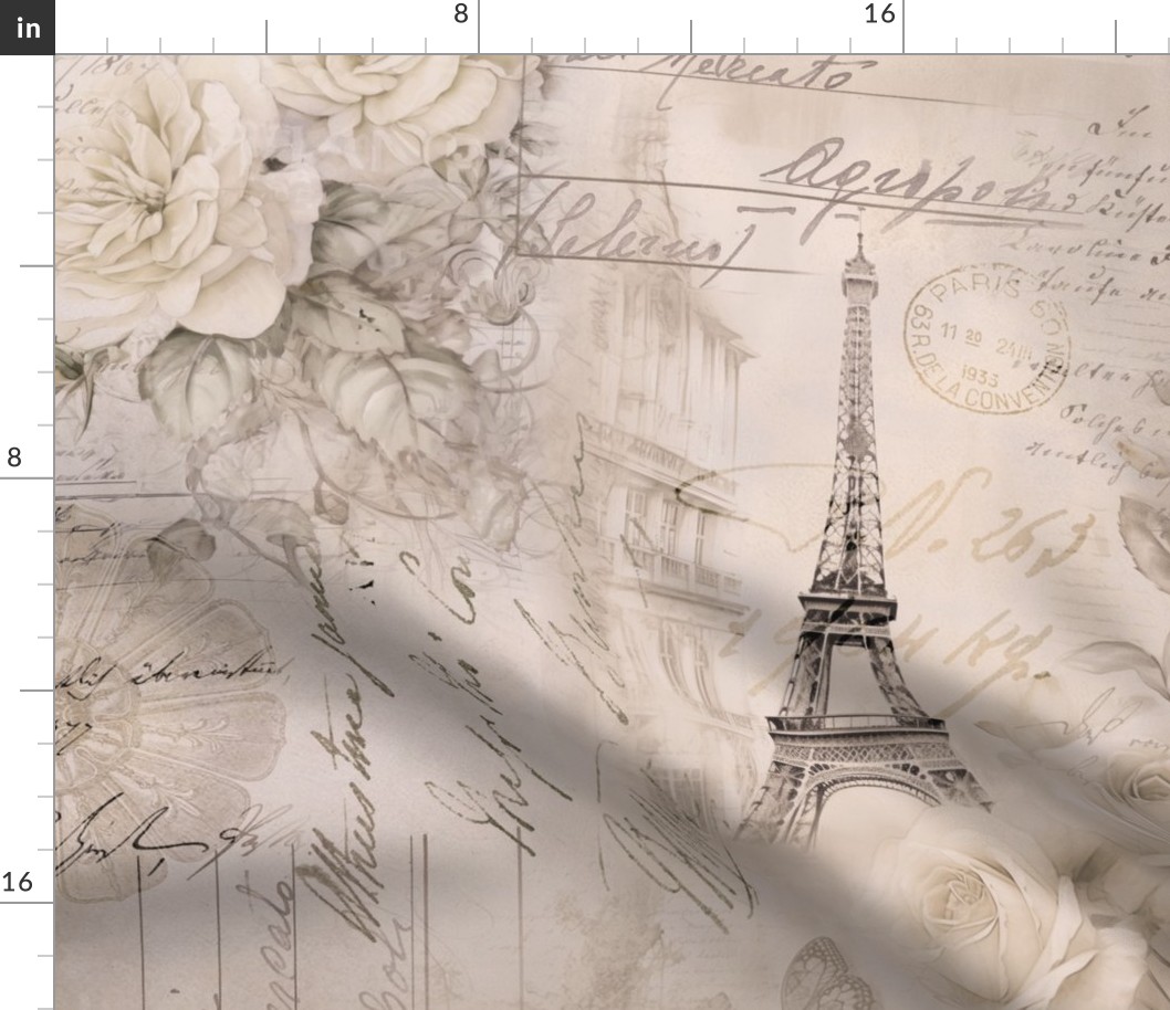 French Romance Vintage Paris Ephemera, Flowers And Script Ivory Beige