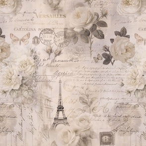 French Romance Vintage Paris Ephemera, Flowers And Script Ivory Beige Smaller Scale
