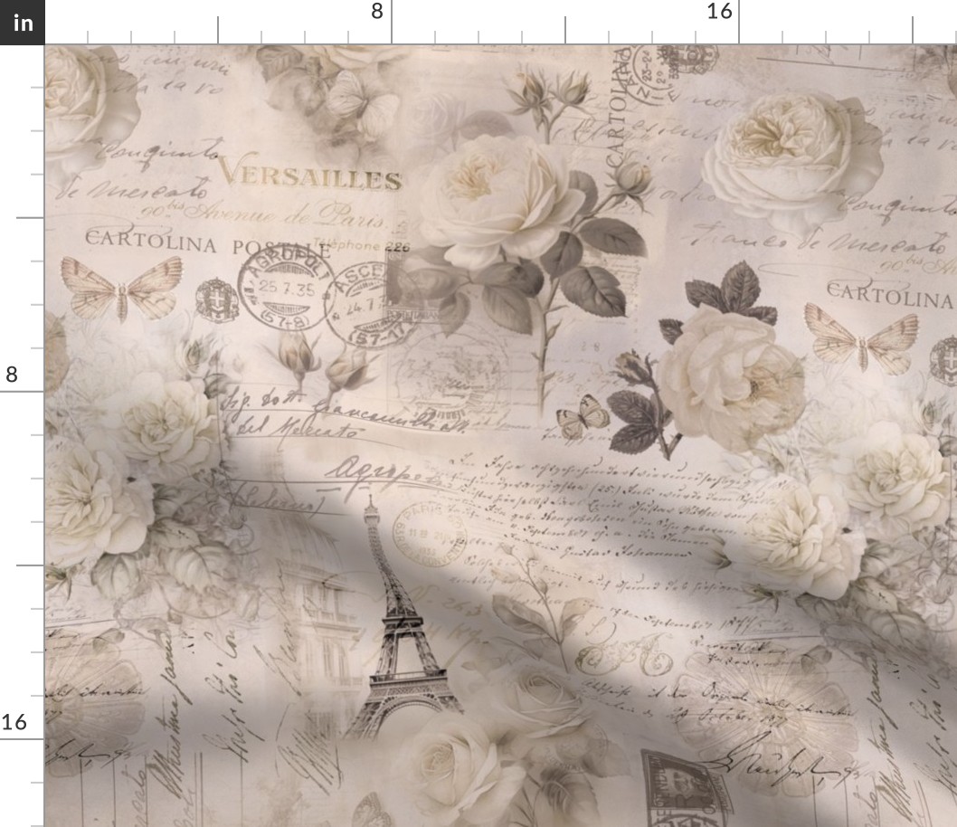 French Romance Vintage Paris Ephemera, Flowers And Script Ivory Beige Smaller Scale