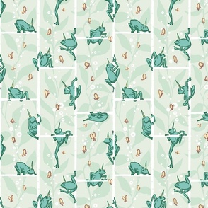 Cute Frogs and Butterflies in Bluish Green and Sage Leaves S