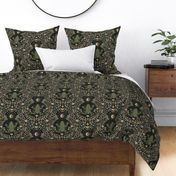 Mystical frog damask with moon and mushrooms - earthy green, mustard and cool grey - large