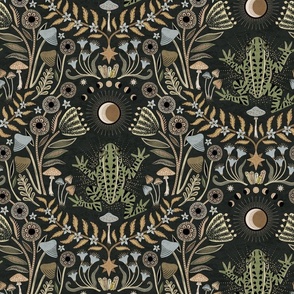 Mystical frog damask with moon and mushrooms - earthy green, mustard and cool grey - large