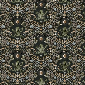 Mystical frog damask with moon and mushrooms - earthy green, mustard and cool grey - medium