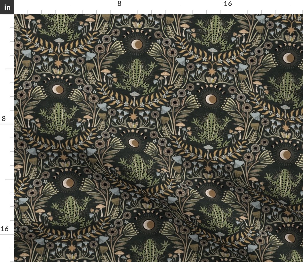 Mystical frog damask with moon and mushrooms - earthy green, mustard and cool grey - medium